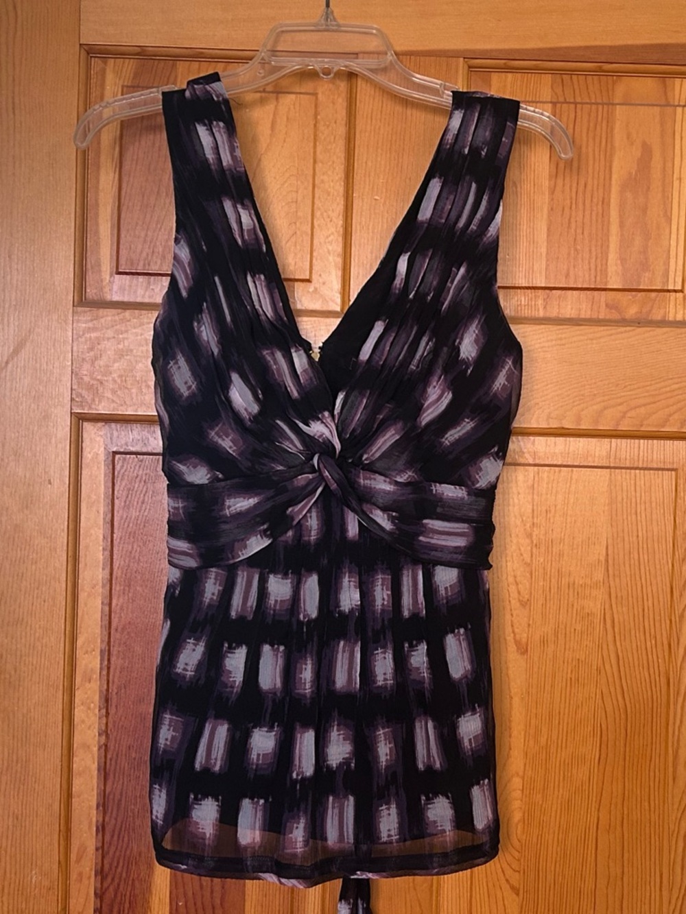 BCBGMaxAzria Black and Lilac Twist-Front V-Neck Silk Camisole